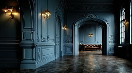 Interior view of a hallway with arched doorway and detailed wall paneling.