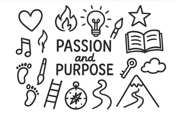 Passion Symbols Doodle. Hand-drawn doodle illustration Passion and purpose, heart, flame, light bulb, star, book, paintbrush, music note, key, footprints,