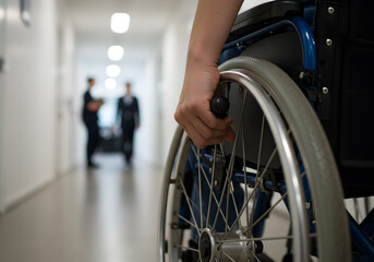Obraz premium Person in wheelchair moving through hallway