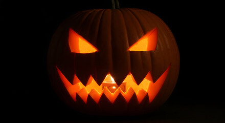 A spooky, glowing jack-o'-lantern with triangular eyes and jagged teeth carved into a pumpkin, set against a dark background for Halloween.