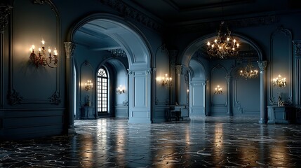 Interior view of a large hall with arches chandeliers and reflective floor.