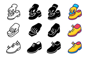 Shoe Polishing Icon Set. Icon Set of Polishing Shoes Steps: Applying polish, Buffing shoe, Shining result. Icons set in vector style, emblematic variations.