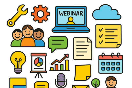 Virtual Workshop Icons. Colorful Hand-drawn doodle Children illustration Virtual Workshops wrench, gear, webinar screen, group of people, cloud icon, chat