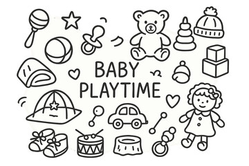 Baby Playtime Doodles. Hand-drawn doodle illustration Baby Playtime [rattle, teddy bear, stacking blocks, toy car, ball, pacifier, play mat, baby shoes, baby