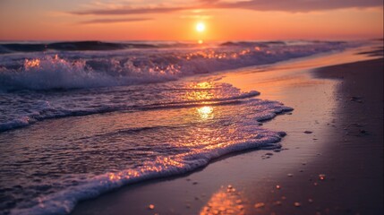 Sunset over ocean with waves Light reflects off water and wet sand