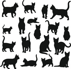 Black cat silhouette vector, feline poses collection, animal movement, pet illustration set, walking, sitting, lying cats, graphic design elements