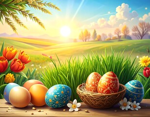 Easter eggs in a nest, spring landscape