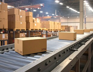 Cardboard boxes on a conveyor belt in a warehouse