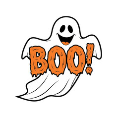 Cute Cartoon Ghost with Dripping 'Boo!' Halloween Text