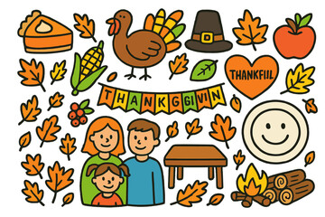 Fototapeta premium Thanksgiving Doodle Fest. Colorful Hand-drawn doodle Children illustration Thanksgiving celebration pumpkin pie, turkey, corn, leaves, pilgrims hat, apple,