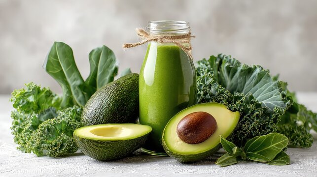 Fresh and Nutritious Green Smoothie with Avocado and Leafy Greens on Textured Background