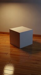 A simple, blank, white cube sits centered on a polished, warm-toned hardwood floor, bathed in gentle light.