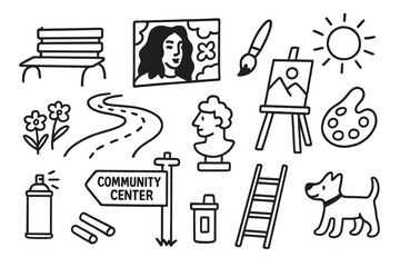 Fototapeta premium Public Art Illustration. Hand-drawn doodle illustration [Art in public spaces] [park bench, mural wall, brush, easel, sculpture, walking path, flowers, spray