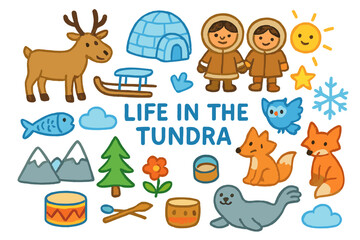 Naklejka premium Tundra Life Doodles. Colorful Hand-drawn doodle Children illustration Life in the Tundra [reindeer, igloo, sled, fish, snowflake, owl, fox, cloud, sun,
