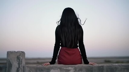 Woman in a black sweater and red skirt sitting on a ledge, gazing at a serene sunset landscape