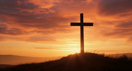 Sunset Silhouette of a Cross on a Hilltop
