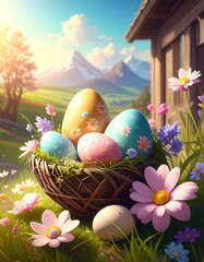 Easter eggs in a nest, springtime scene