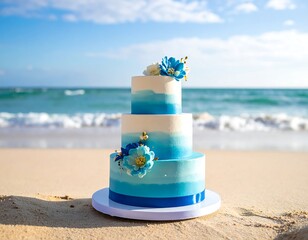 Three-tiered blue and white cake on beach