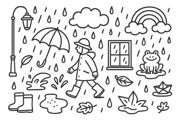 Rainy Street Doodle. Hand-drawn doodle illustration Rainy street Umbrella, raindrops, puddle, cloud, streetlamp, person, boots, raincoat, hat, water splash,