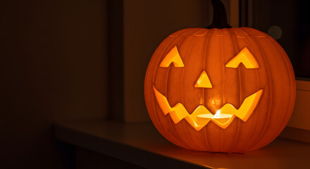 Obraz premium Illuminated jack-o'-lantern on a window sill at night.