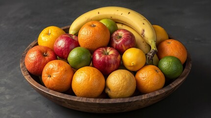 Fresh Mixed Fruits in Rustic Wooden Bowl, Gray background