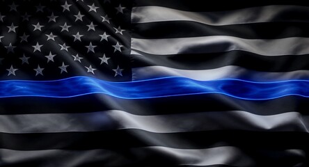 Thin Blue Line Flag, American Flag, Patriotic, Support, Law Enforcement, Remembrance, Symbol, National Colors, Stars and Stripes, Glowing Blue Line, Patriotic Background, Memorial, Texture, Fabri