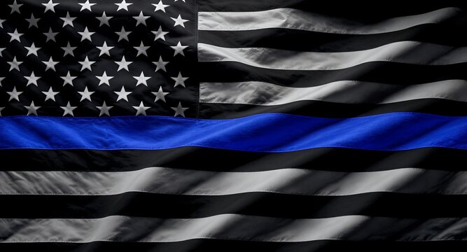 Thin Blue Line Flag, Patriotism, Support, American Flag Variation, Symbolic Image, Law Enforcement, Memorial, Remembrance, Graphic Design Element, Banner, Background, Texture, Fabric, Waves, Nati