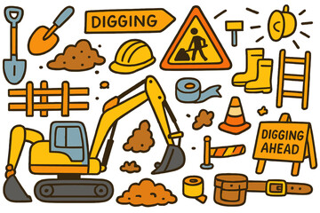 Children's Excavation Adventure. Colorful Hand-drawn doodle Children illustration Excavation Area Digging Ahead excavator, shovel, dirt pile, boots, warning