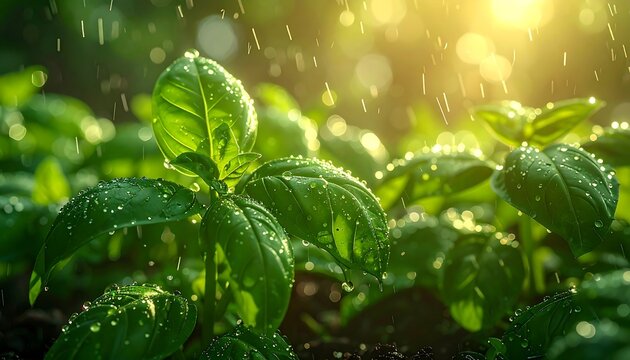 Lush basil seedlings in sunlight rain