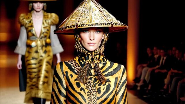 Runway model in tiger-striped outfit and Asian-inspired hat at a fashion show.