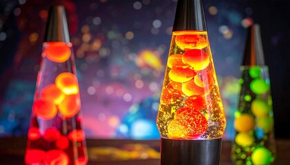 Three colorful lava lamps, each filled with molten wax, glowing brightly against a blurry background of stars