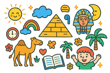 Obraz premium Colorful Children Doodle. Colorful Hand-drawn doodle Children illustration Visiting Ancient Civilizations pyramid, pharaoh, camel, clock, rainbow, sun, moon,