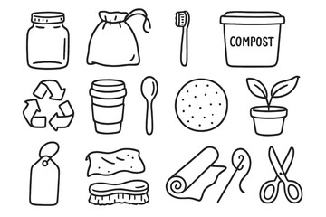 Zero-Waste Essentials Icons. Hand-drawn doodle illustration [zero-waste home decor] [jar, cloth bag, bamboo toothbrush, compost bin, recycling icon, reusable