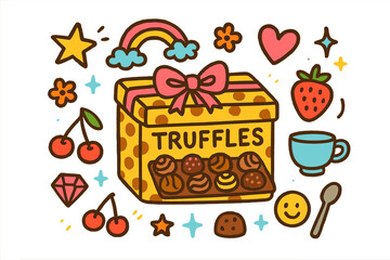 Playful Truffle Box. Colorful Hand-drawn doodle Children illustration Box of Truffles [truffle box, ribbon, bow, chocolate pieces, star, rainbow, heart,