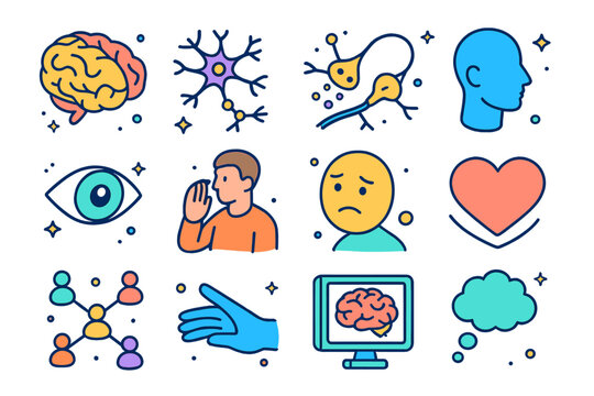 Isometric Mirror Neurons. Mirror Neurons. Colorful isometric vector icons set of mirror neurons: brain illustration, neuron network, firing synapse, human