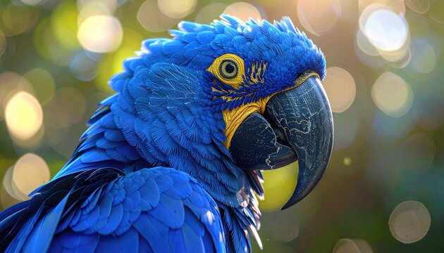 Close Up of Vibrant Blue Hyacinth Macaw Against Bokeh Green Background
