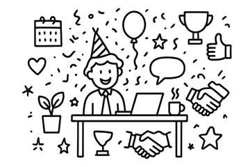 Office Celebration Doodles. Hand-drawn doodle illustration Office fun Smiling employee, balloon, party hat, confetti, desk, laptop, coffee cup, heart, star,
