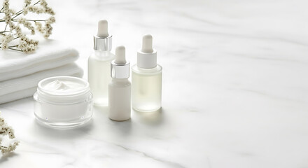 Elegant skincare essentials for a radiant glow and spa-like self care routine featuring luxurious creams and serums on a pristine white marble surface