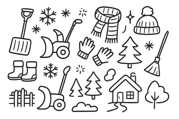 Winter Work Doodles. Hand-drawn doodle illustration Winter work snow shovel, snow blower, broom, snowflake, boots, gloves, hat, scarf, star, spark, house,