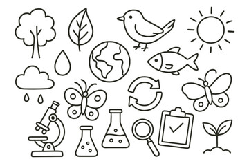 Biodiversity Lab Icons. Hand-drawn doodle illustration biodiversity and climate lab tree, leaf, bird, fish, butterfly, globe, cloud, raindrop, microscope,