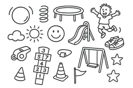 Playground Fun Icons. Hand-drawn doodle illustration Bouncy ball bouncing ball, spring, trampoline, child jumping, sneakers, smiley face, playground slide,