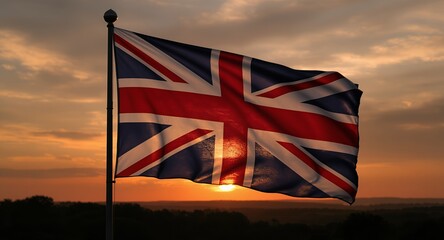 Union Jack flag waving at sunset, patriotic symbol, national pride, UK flag, British flag, waving flag, sunset background, flagpole, national emblem, red white and blue flag, evening sky, golden