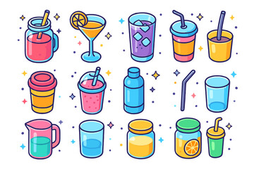 Colorful Drinkware Icons. Colorful isometric vector icons set of refreshing drinkware: mason jar with handle, cocktail glass, highball glass, tumbler, paper