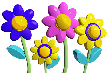 A colorful illustration of five cartoon flowers with yellow centers and blue, pink, and yellow petals, isolated on a