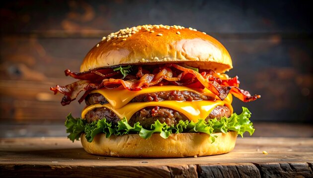 Delicious cheeseburger on a rustic wooden board - Powered by Adobe