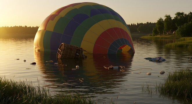Deflated hot air balloon partially submerged in a calm lake at sunrise, with its colorful envelope and basket in the water