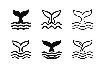 Whale Tail Logos. Fauna protection. Set Logo of Fauna protection: whale tail above waves. harmonious logo variations of the same emblematic concept, each with