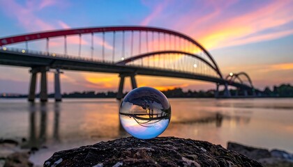 Crystal ball reflecting sunset over bridge (1)