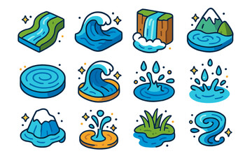 Water Movement Icons. Colorful isometric vector icons set of Water Movement in Nature: river current, ocean wave, waterfall flow, mountain stream, lake ripple,