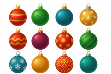 Collection of bright christmas ornaments with unique festive patterns and colors, isolated on transparent background